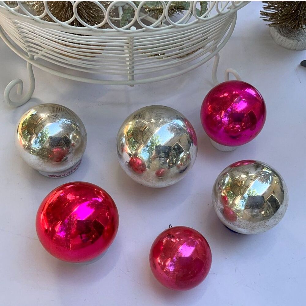 6 Vintage Shiny Brite Christmas balls pink and silver Shabby Cottage